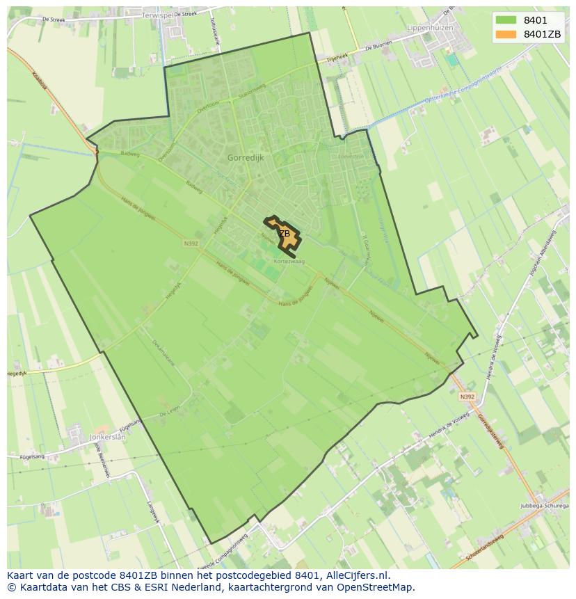 Afbeelding van het postcodegebied 8401 ZB op de kaart.