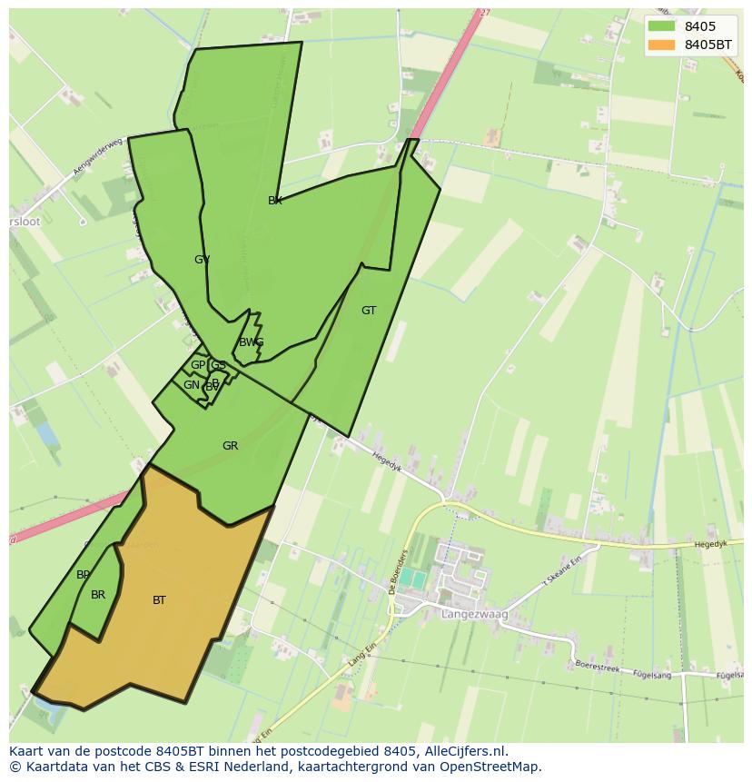 Afbeelding van het postcodegebied 8405 BT op de kaart.