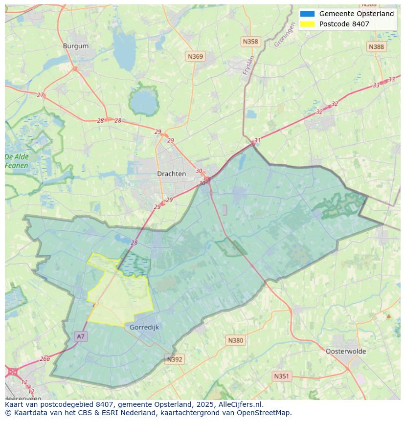 Afbeelding van het postcodegebied 8407 op de kaart.