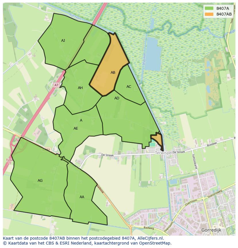 Afbeelding van het postcodegebied 8407 AB op de kaart.