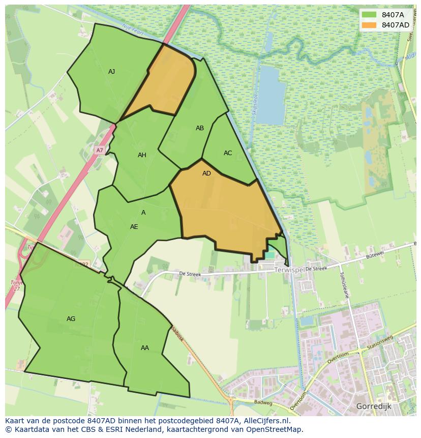 Afbeelding van het postcodegebied 8407 AD op de kaart.