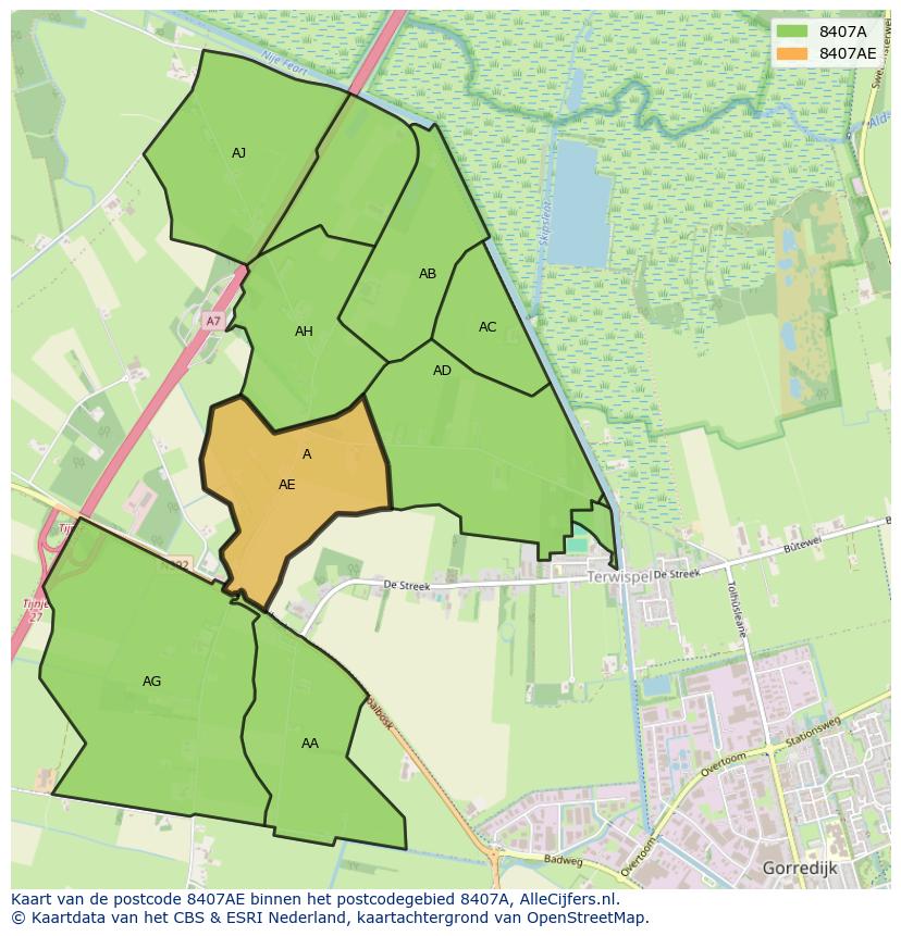 Afbeelding van het postcodegebied 8407 AE op de kaart.