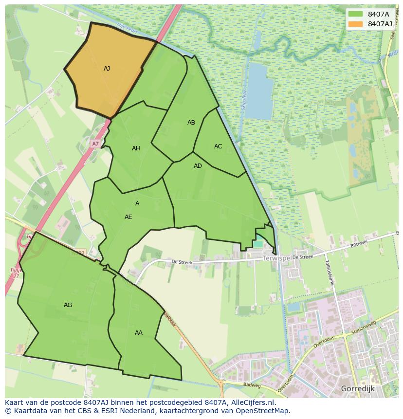 Afbeelding van het postcodegebied 8407 AJ op de kaart.