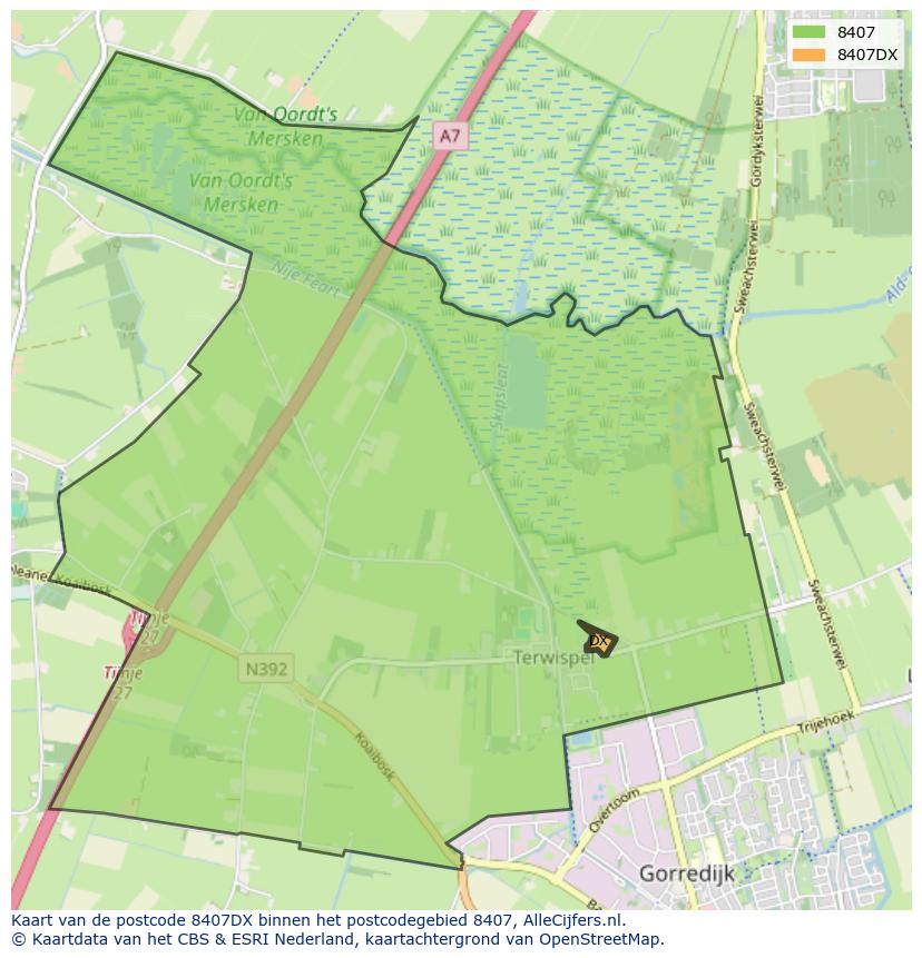 Afbeelding van het postcodegebied 8407 DX op de kaart.