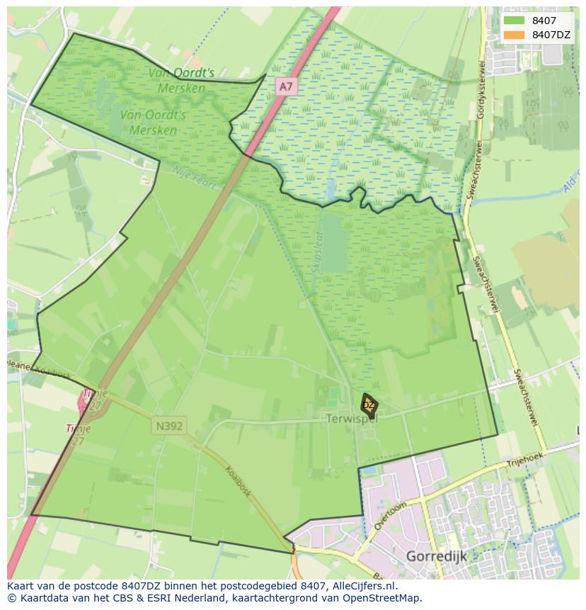 Afbeelding van het postcodegebied 8407 DZ op de kaart.