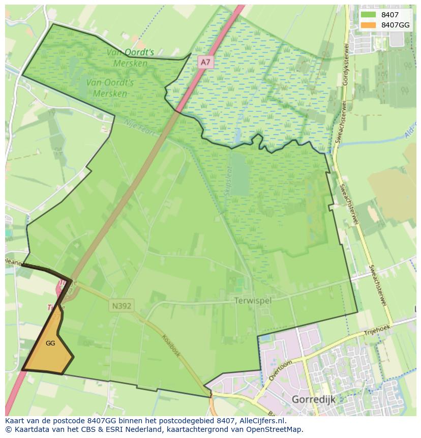 Afbeelding van het postcodegebied 8407 GG op de kaart.