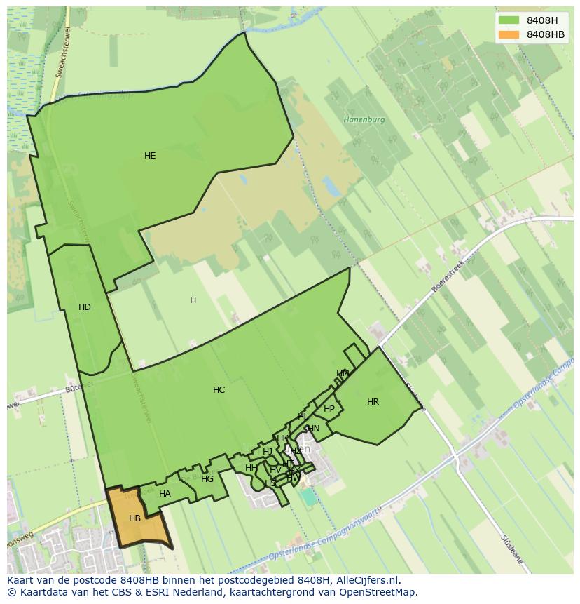 Afbeelding van het postcodegebied 8408 HB op de kaart.
