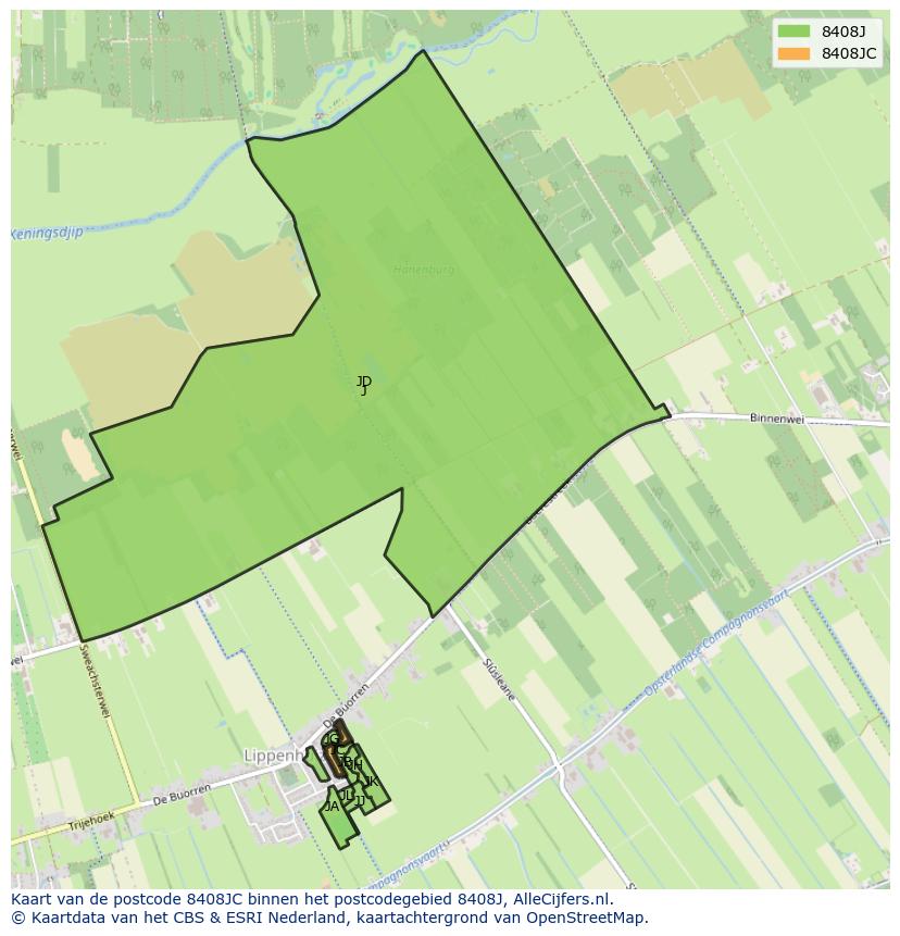 Afbeelding van het postcodegebied 8408 JC op de kaart.