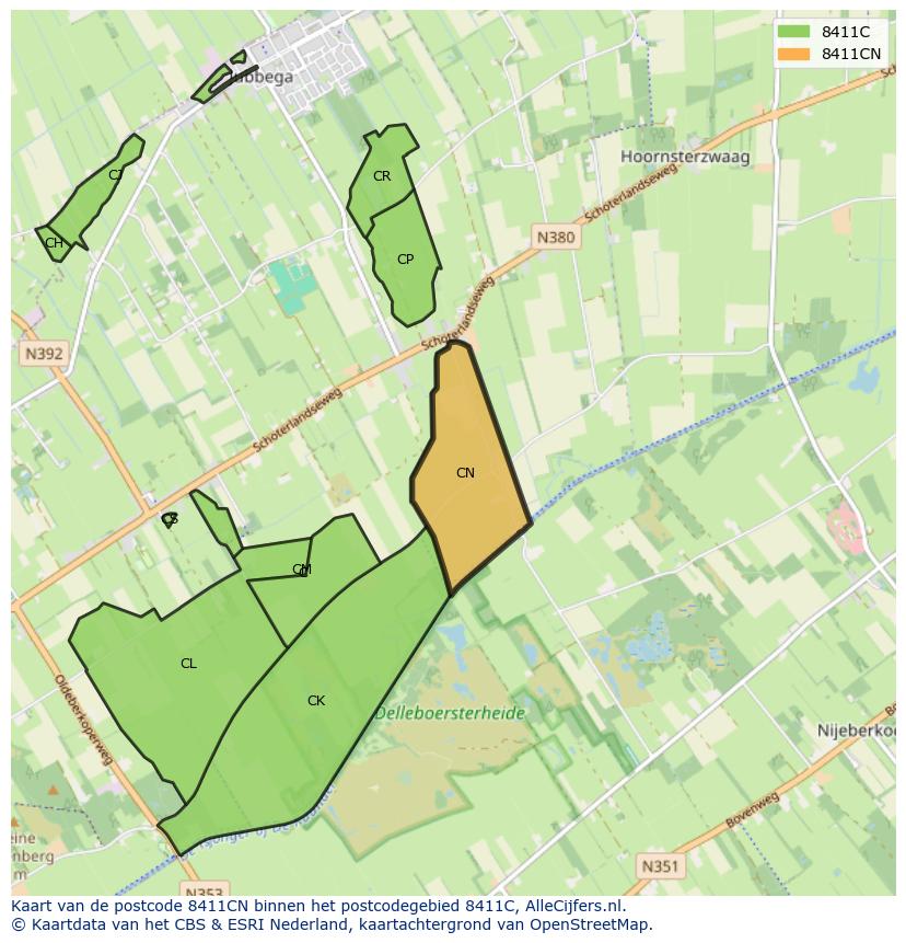 Afbeelding van het postcodegebied 8411 CN op de kaart.