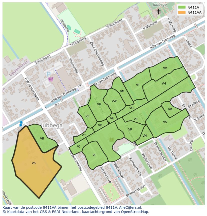 Afbeelding van het postcodegebied 8411 VA op de kaart.
