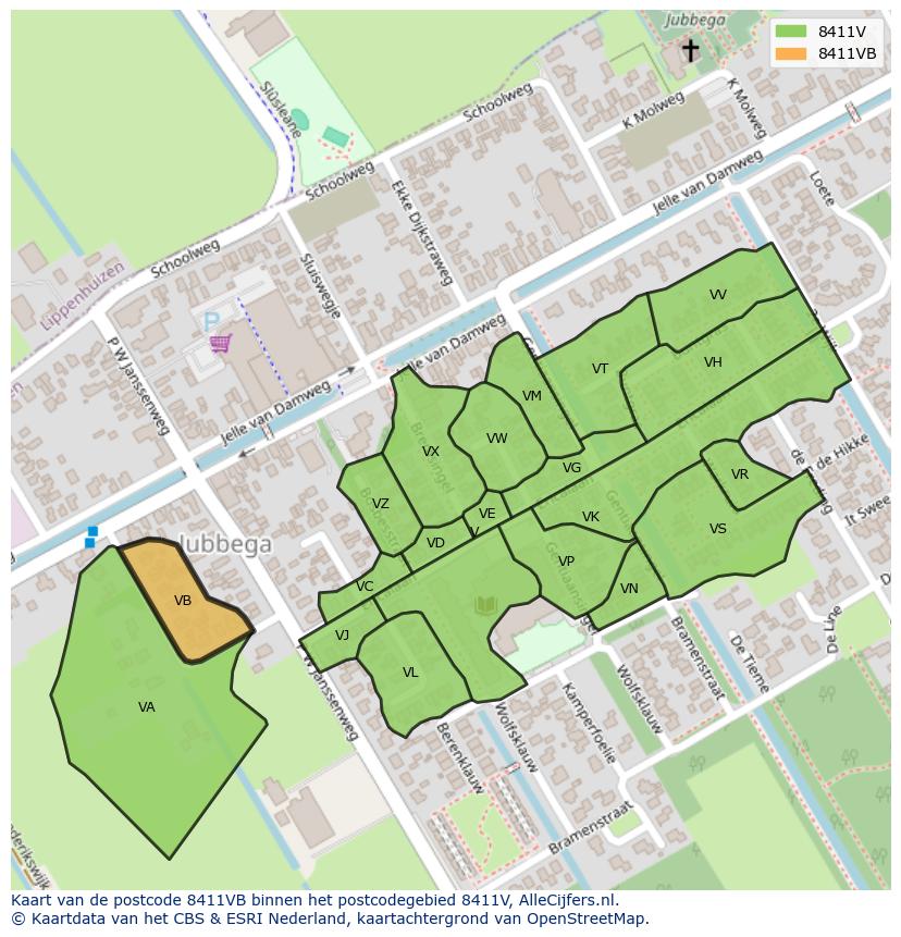 Afbeelding van het postcodegebied 8411 VB op de kaart.