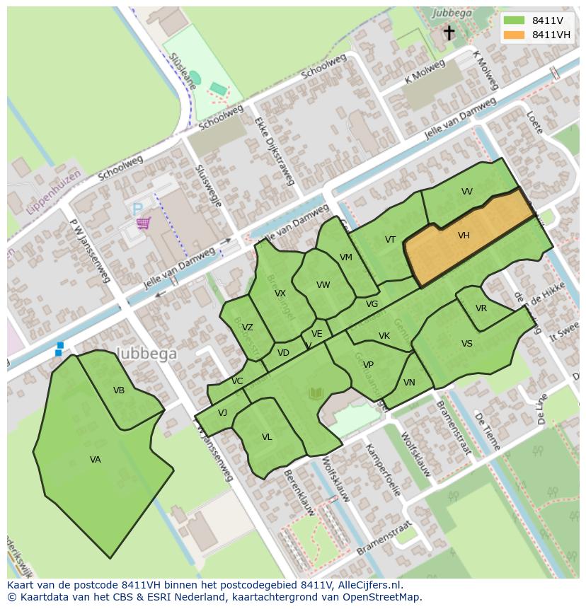 Afbeelding van het postcodegebied 8411 VH op de kaart.
