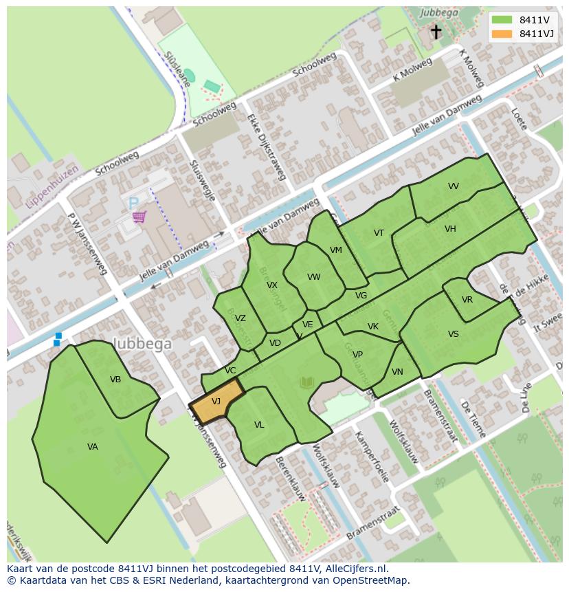 Afbeelding van het postcodegebied 8411 VJ op de kaart.