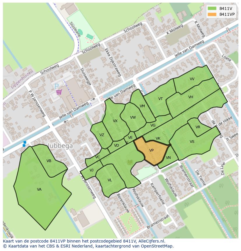 Afbeelding van het postcodegebied 8411 VP op de kaart.