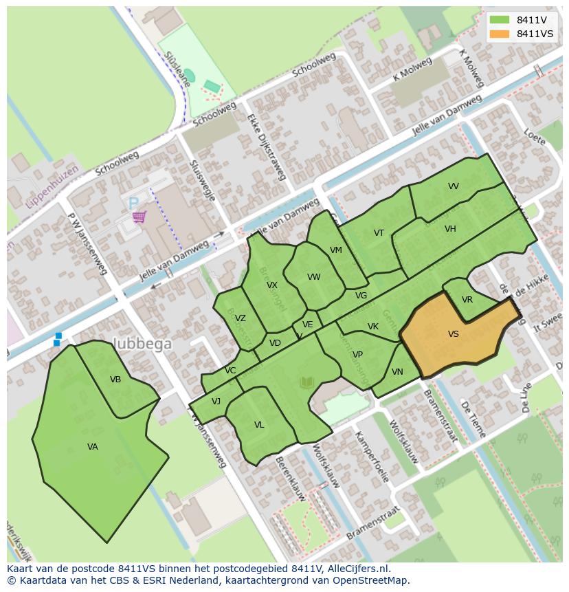 Afbeelding van het postcodegebied 8411 VS op de kaart.