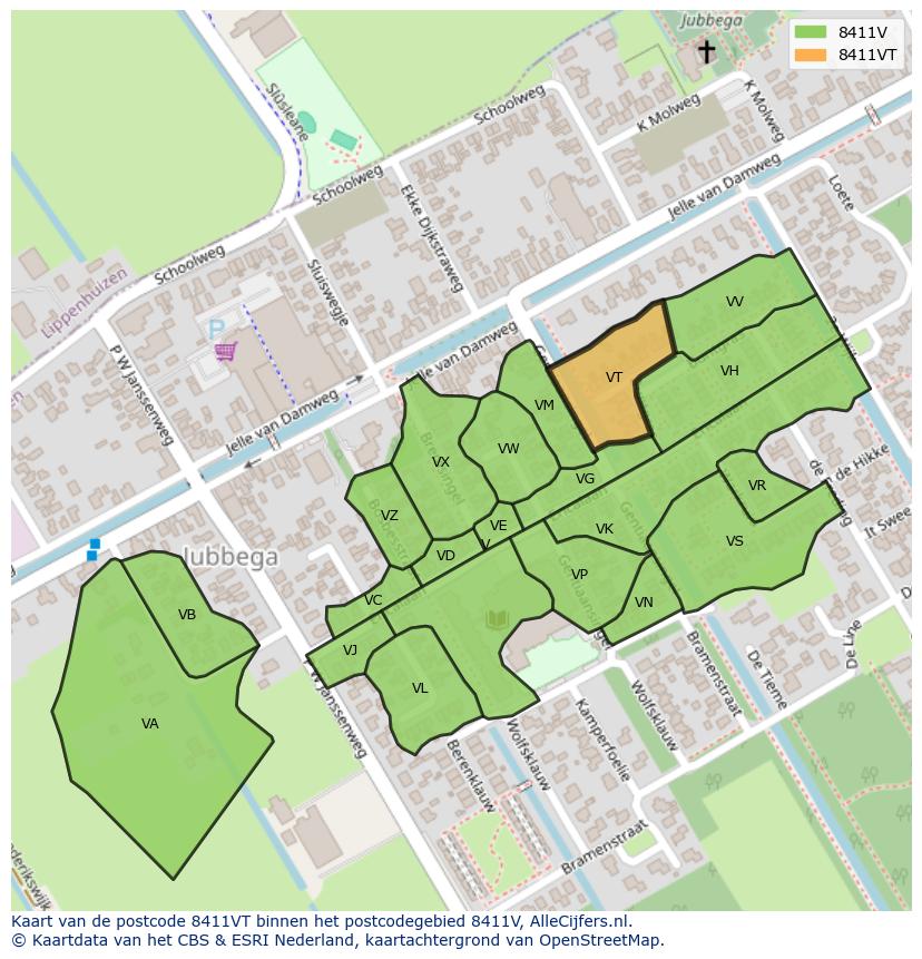 Afbeelding van het postcodegebied 8411 VT op de kaart.