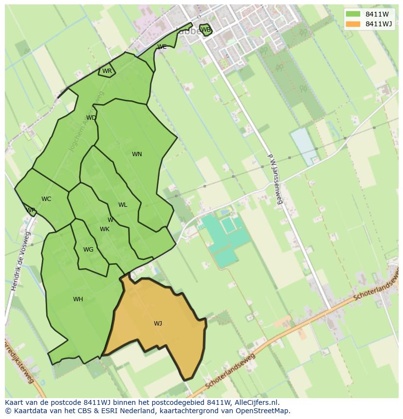 Afbeelding van het postcodegebied 8411 WJ op de kaart.