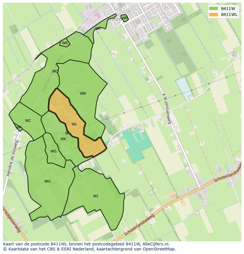 Afbeelding van het postcodegebied 8411 WL op de kaart.