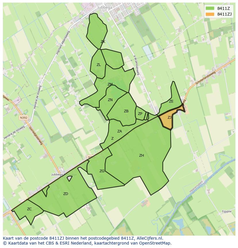 Afbeelding van het postcodegebied 8411 ZJ op de kaart.