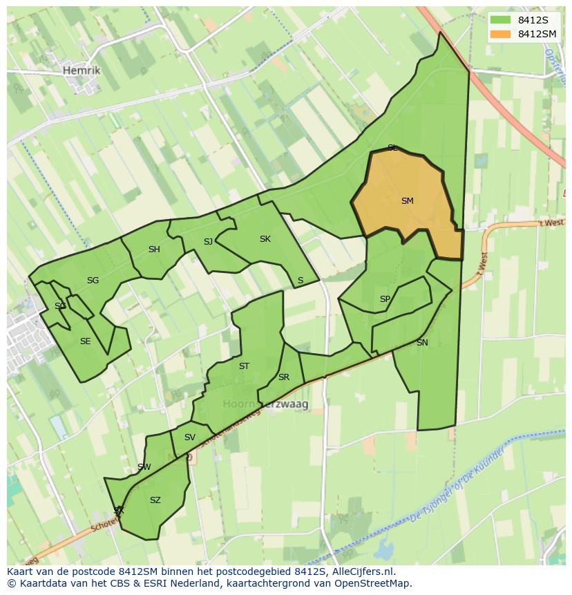 Afbeelding van het postcodegebied 8412 SM op de kaart.