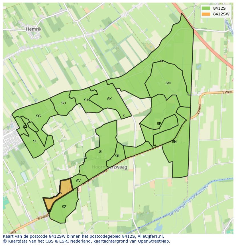 Afbeelding van het postcodegebied 8412 SW op de kaart.