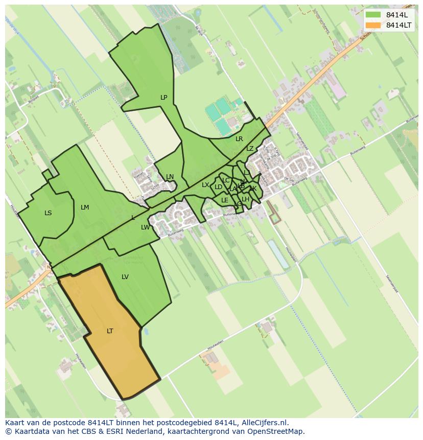 Afbeelding van het postcodegebied 8414 LT op de kaart.