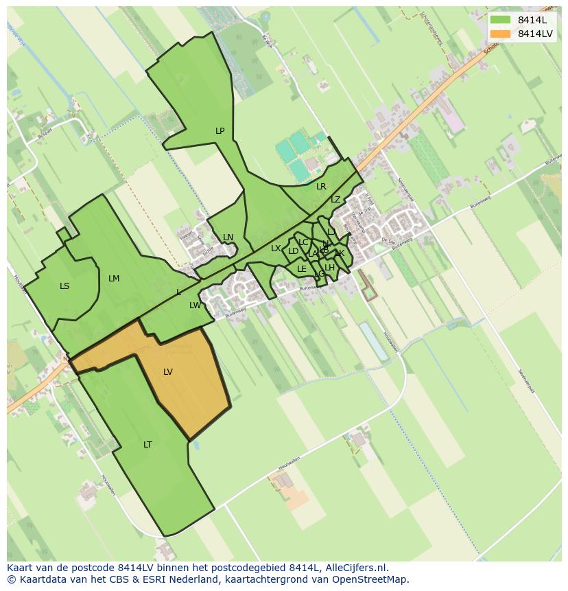 Afbeelding van het postcodegebied 8414 LV op de kaart.
