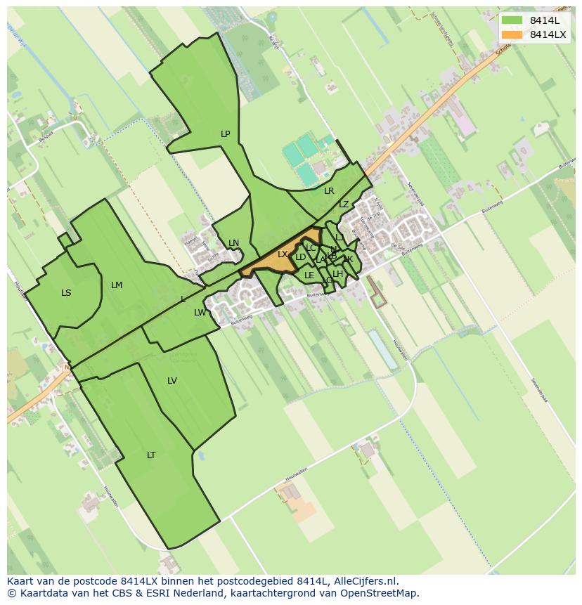 Afbeelding van het postcodegebied 8414 LX op de kaart.