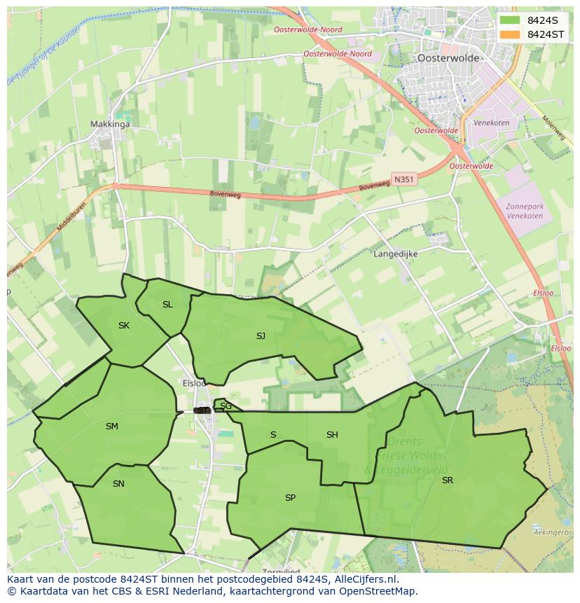 Afbeelding van het postcodegebied 8424 ST op de kaart.