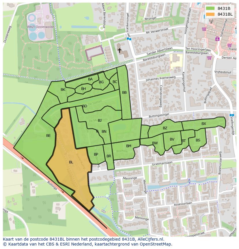 Afbeelding van het postcodegebied 8431 BL op de kaart.