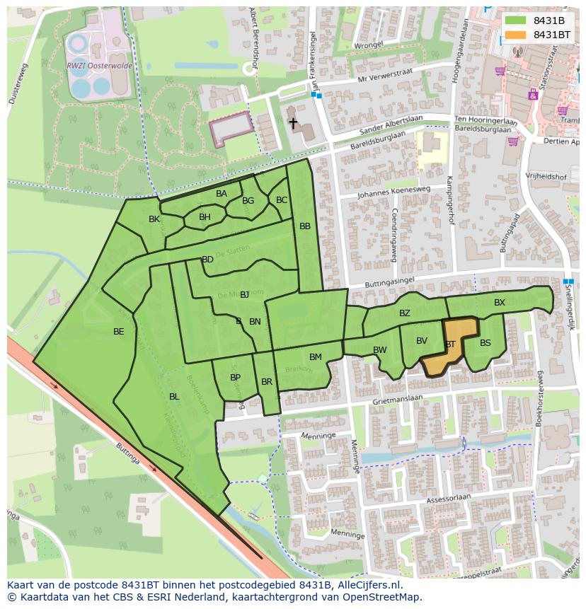Afbeelding van het postcodegebied 8431 BT op de kaart.