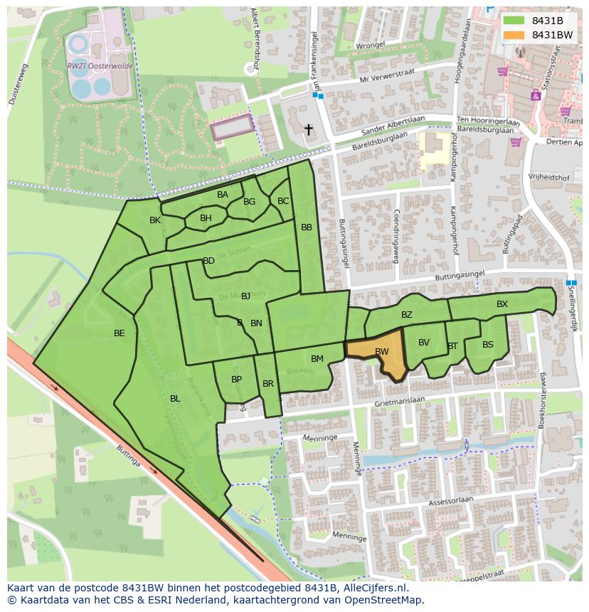 Afbeelding van het postcodegebied 8431 BW op de kaart.