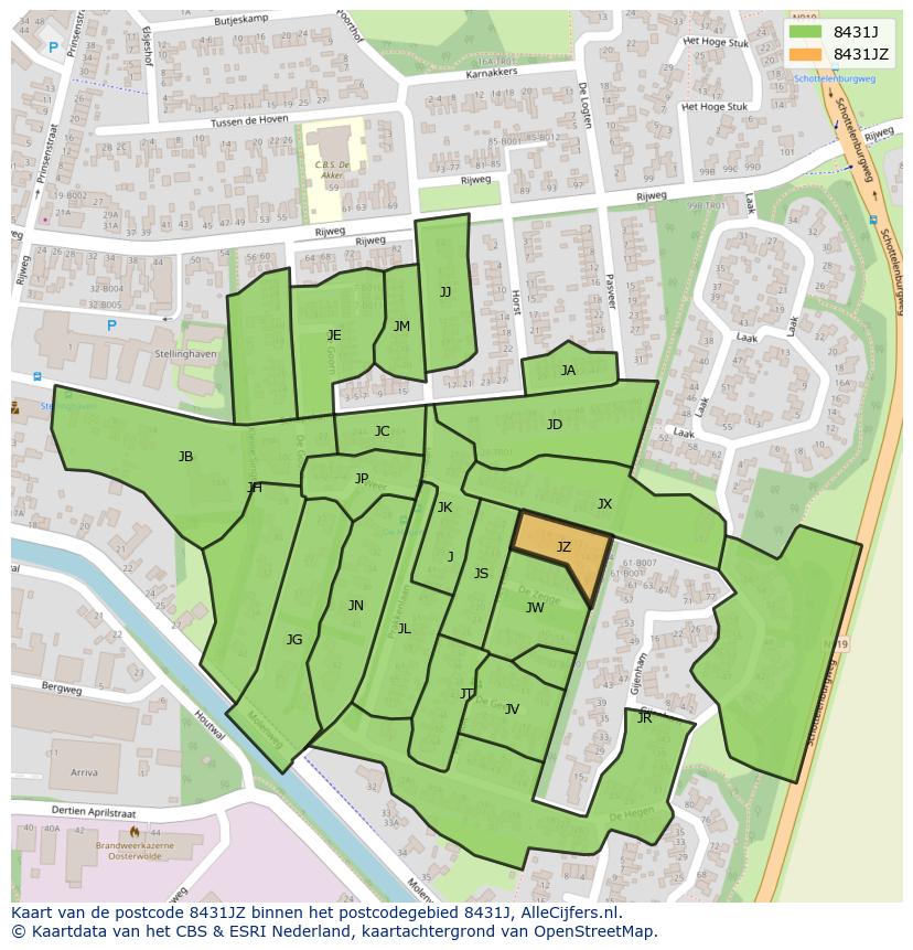 Afbeelding van het postcodegebied 8431 JZ op de kaart.