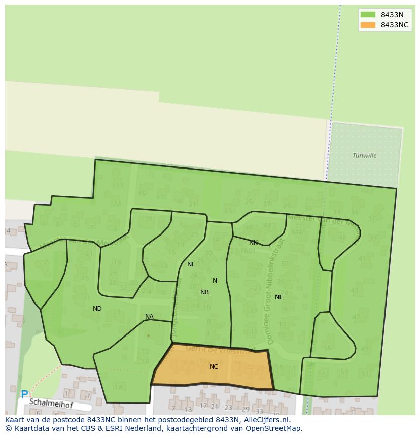 Afbeelding van het postcodegebied 8433 NC op de kaart.
