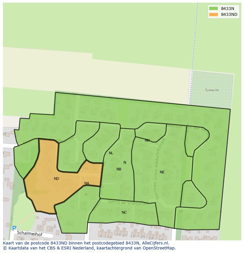 Afbeelding van het postcodegebied 8433 ND op de kaart.