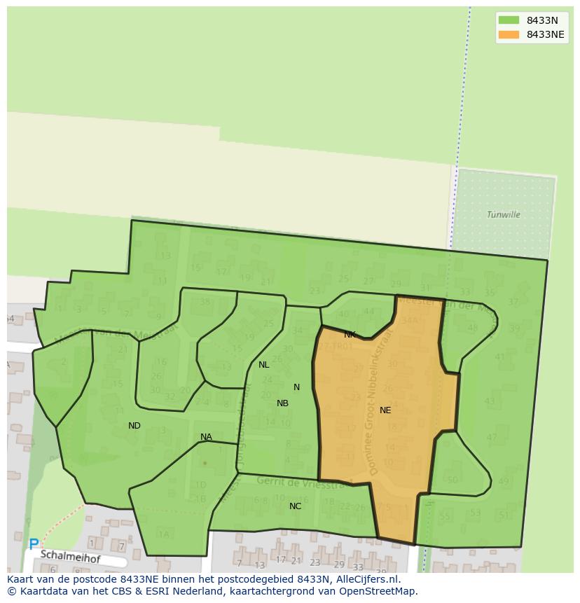 Afbeelding van het postcodegebied 8433 NE op de kaart.