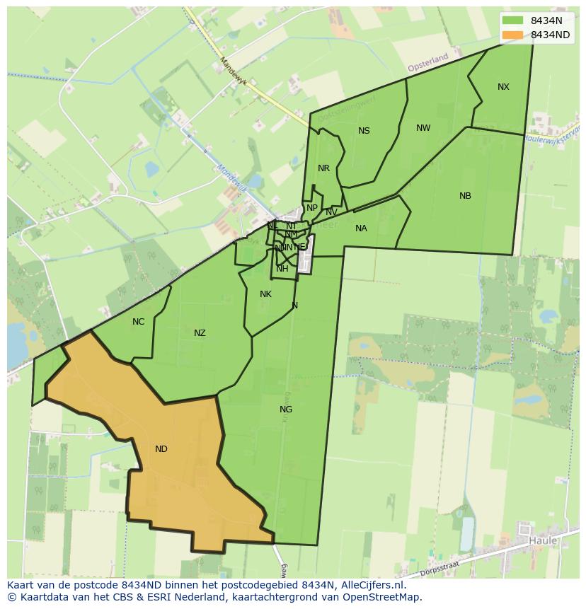 Afbeelding van het postcodegebied 8434 ND op de kaart.