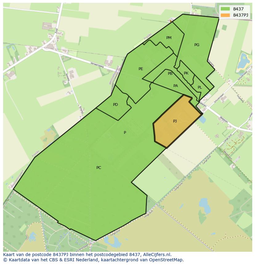 Afbeelding van het postcodegebied 8437 PJ op de kaart.