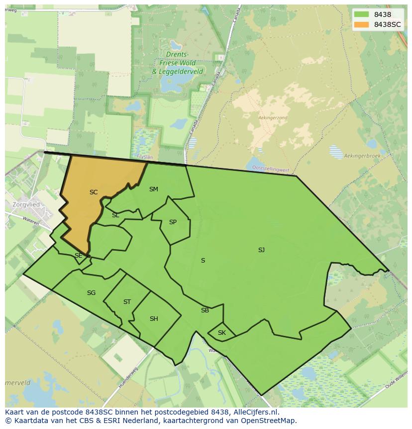 Afbeelding van het postcodegebied 8438 SC op de kaart.