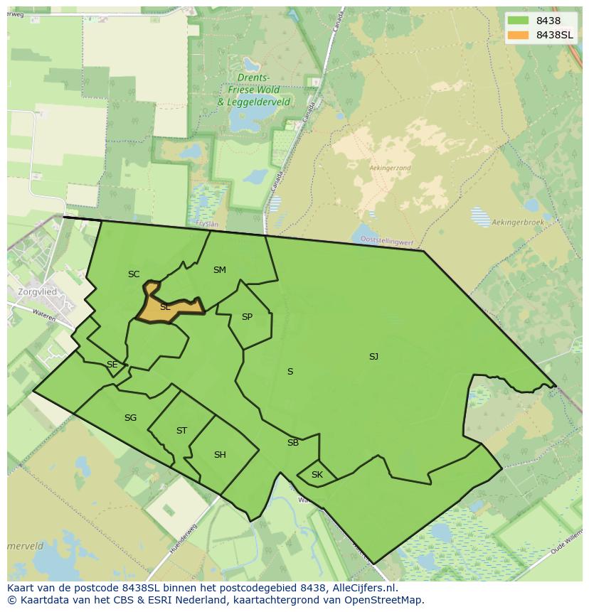 Afbeelding van het postcodegebied 8438 SL op de kaart.