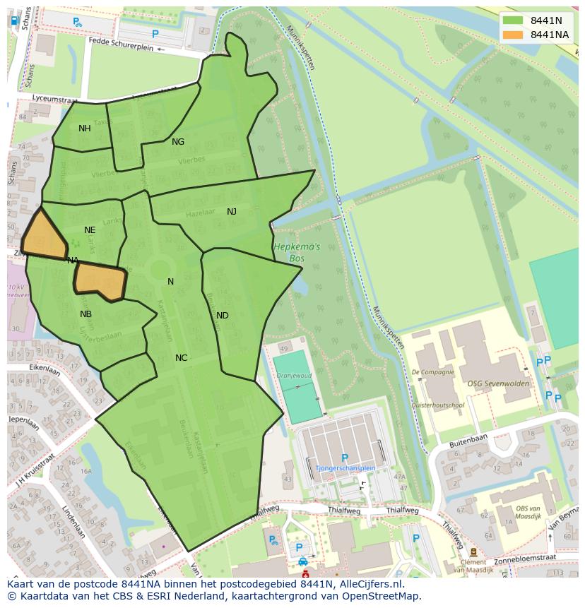 Afbeelding van het postcodegebied 8441 NA op de kaart.