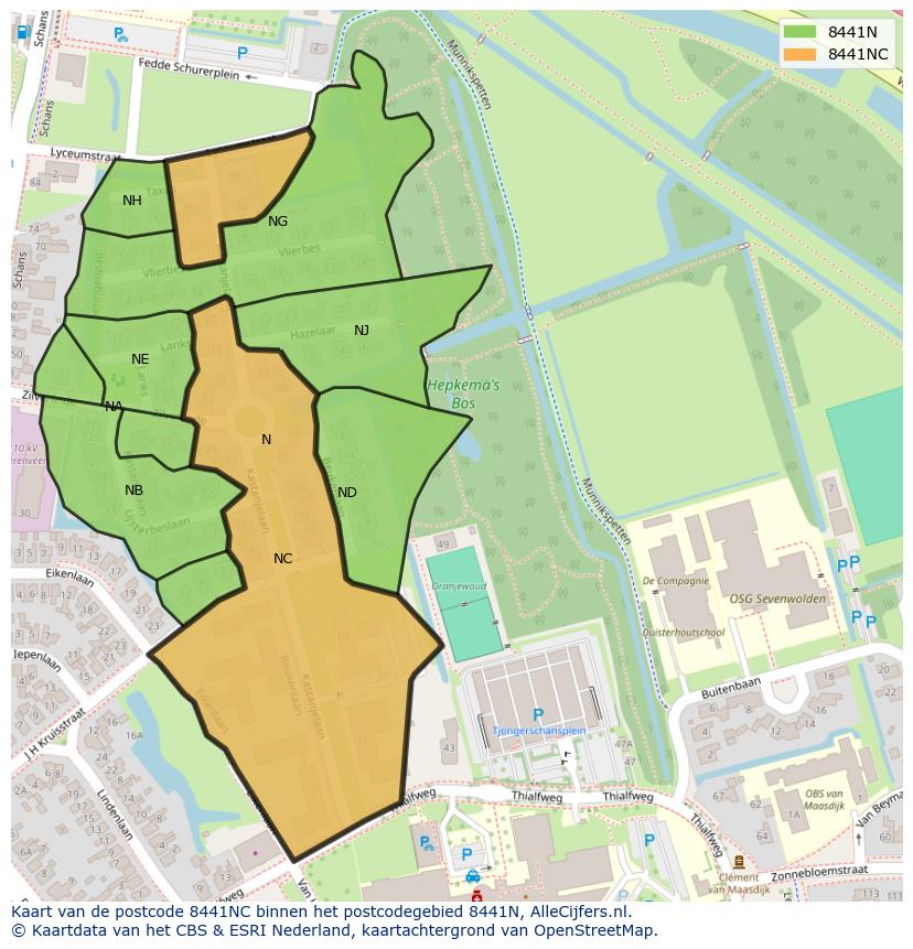 Afbeelding van het postcodegebied 8441 NC op de kaart.