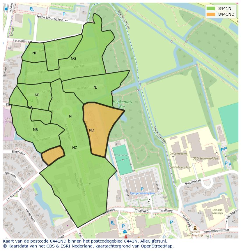 Afbeelding van het postcodegebied 8441 ND op de kaart.