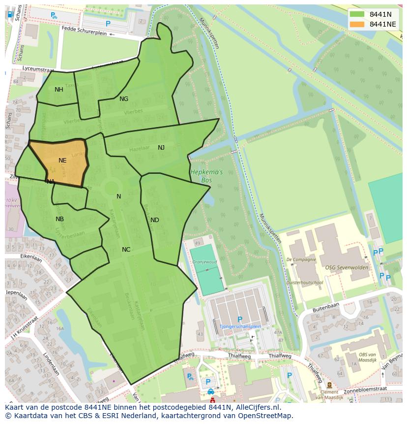 Afbeelding van het postcodegebied 8441 NE op de kaart.