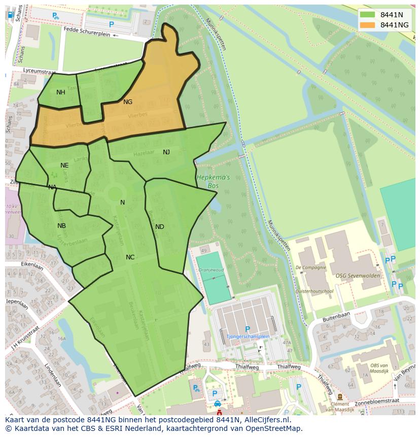 Afbeelding van het postcodegebied 8441 NG op de kaart.
