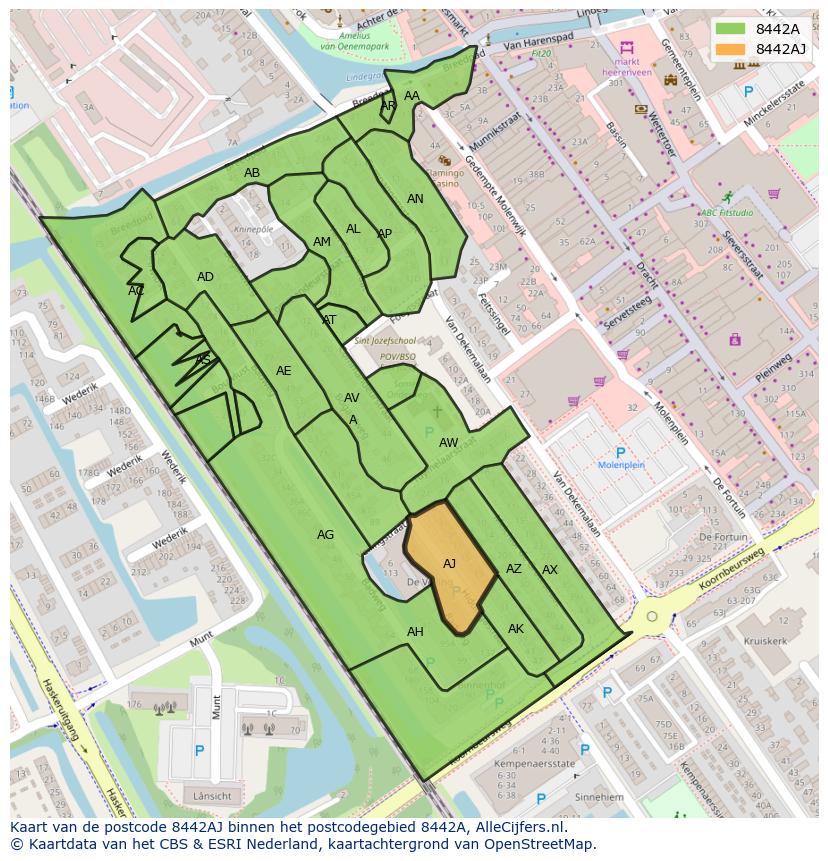 Afbeelding van het postcodegebied 8442 AJ op de kaart.