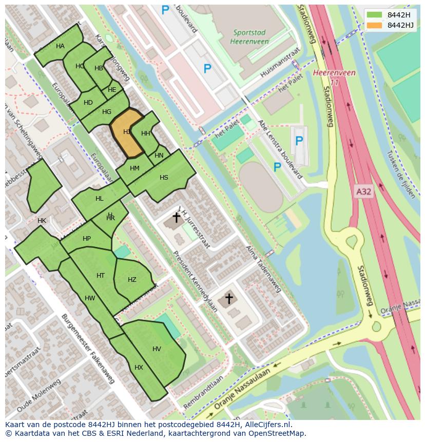 Afbeelding van het postcodegebied 8442 HJ op de kaart.