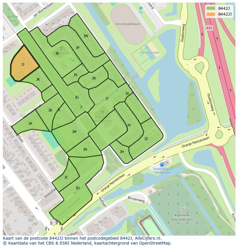 Afbeelding van het postcodegebied 8442 JJ op de kaart.