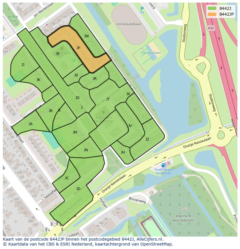 Afbeelding van het postcodegebied 8442 JP op de kaart.