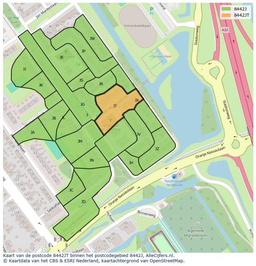 Afbeelding van het postcodegebied 8442 JT op de kaart.